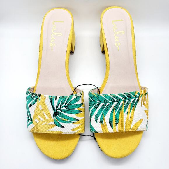 Lulus Jax Yellow Multi Print Vegan Suede Mules Sz 6.5 - Picture 6 of 11